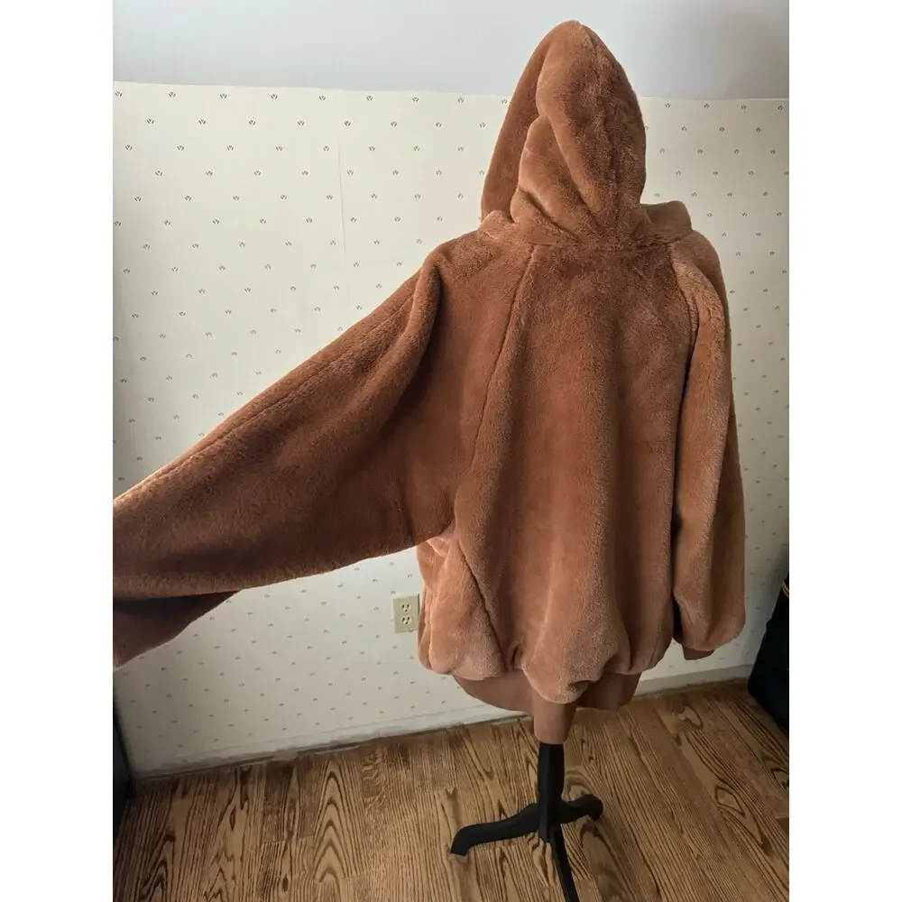 FREE PEOPLE Oversized Brown Faux Fur Hoodie Jacket Coat Size Medium